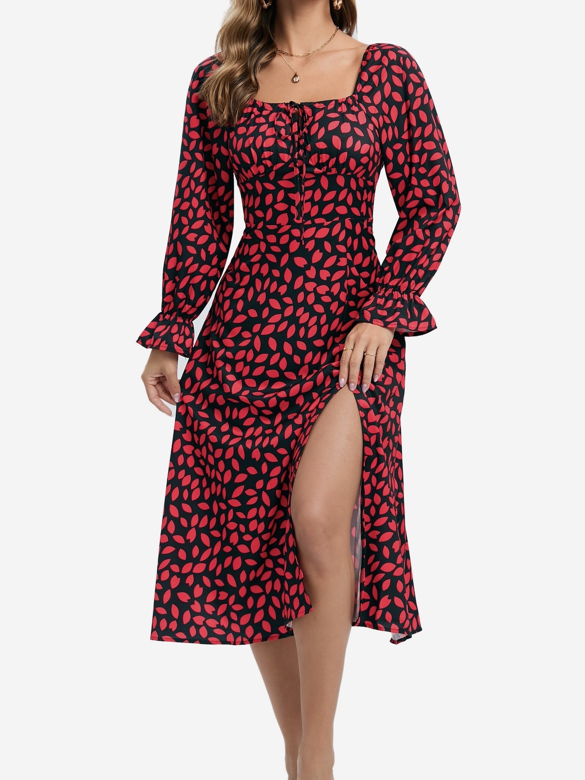 Allover Print Split Thigh Dress Women's Clothing