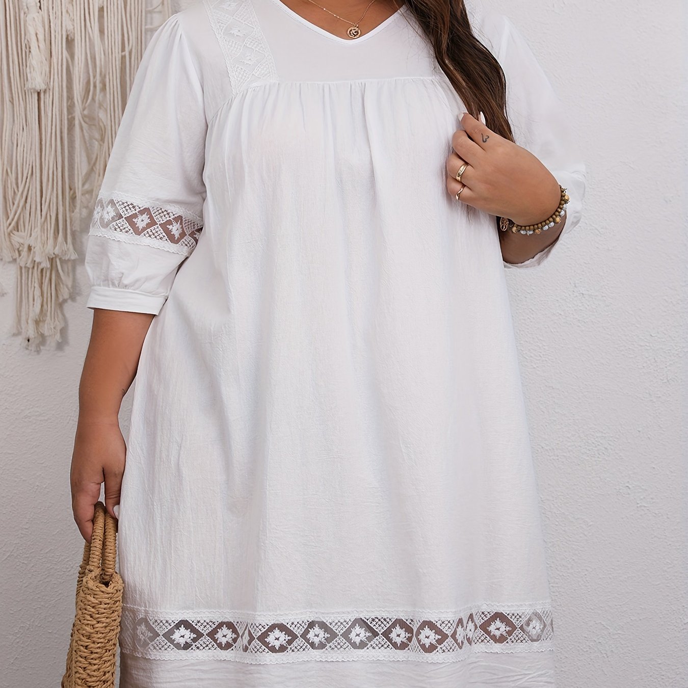 Casual Dress Women's Plus Solid Lace Panel Sleeve Loose Dress