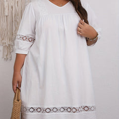 Casual Dress Women's Plus Solid Lace Panel Sleeve Loose Dress