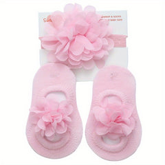 2pcs Baby Girls Mesh Floor Socks & Headband Set Non Slip Breathable Comfortable