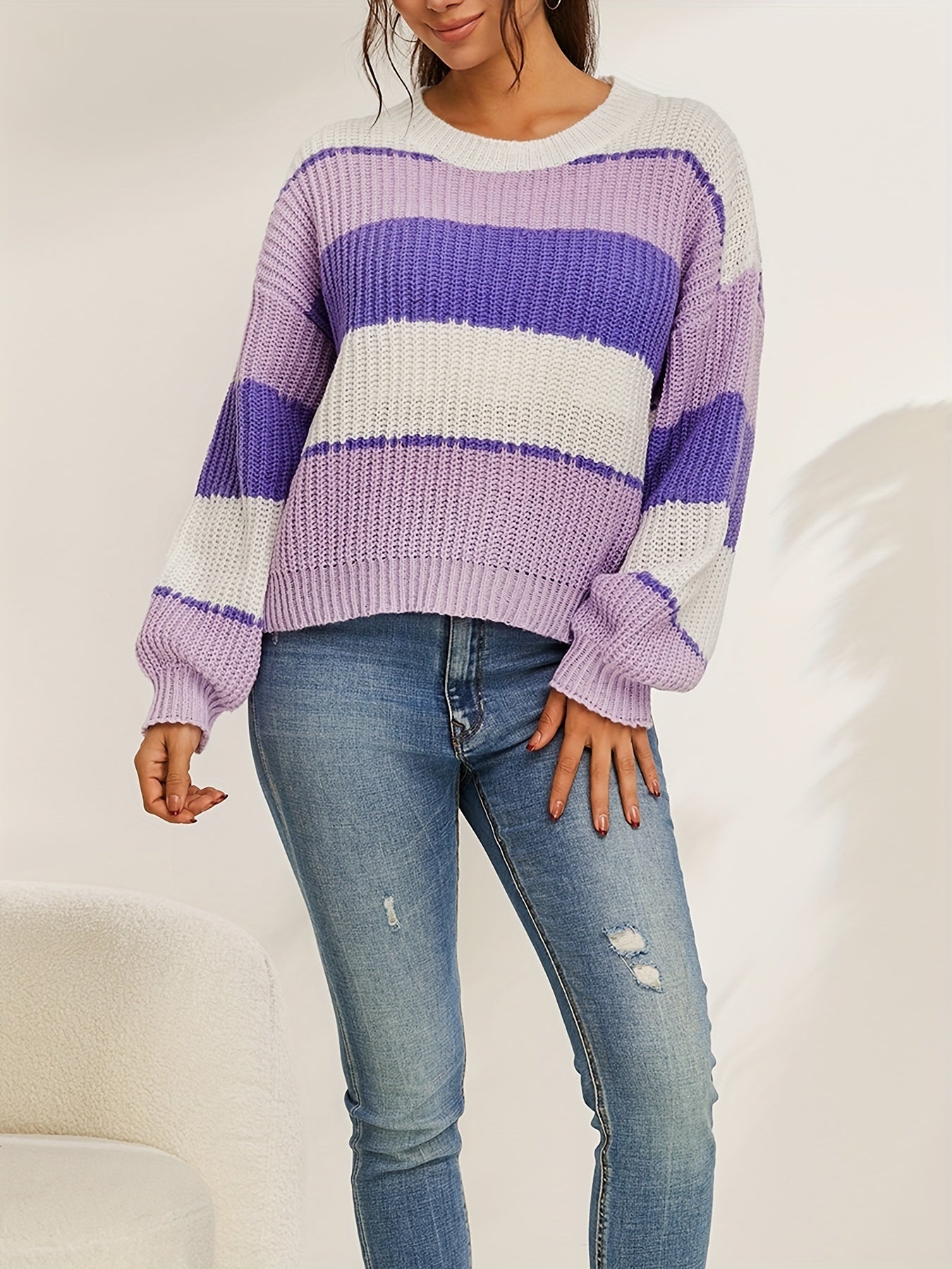 Striped Print Knit Sweater Casual Crew Neck Long Sleeve Pullover