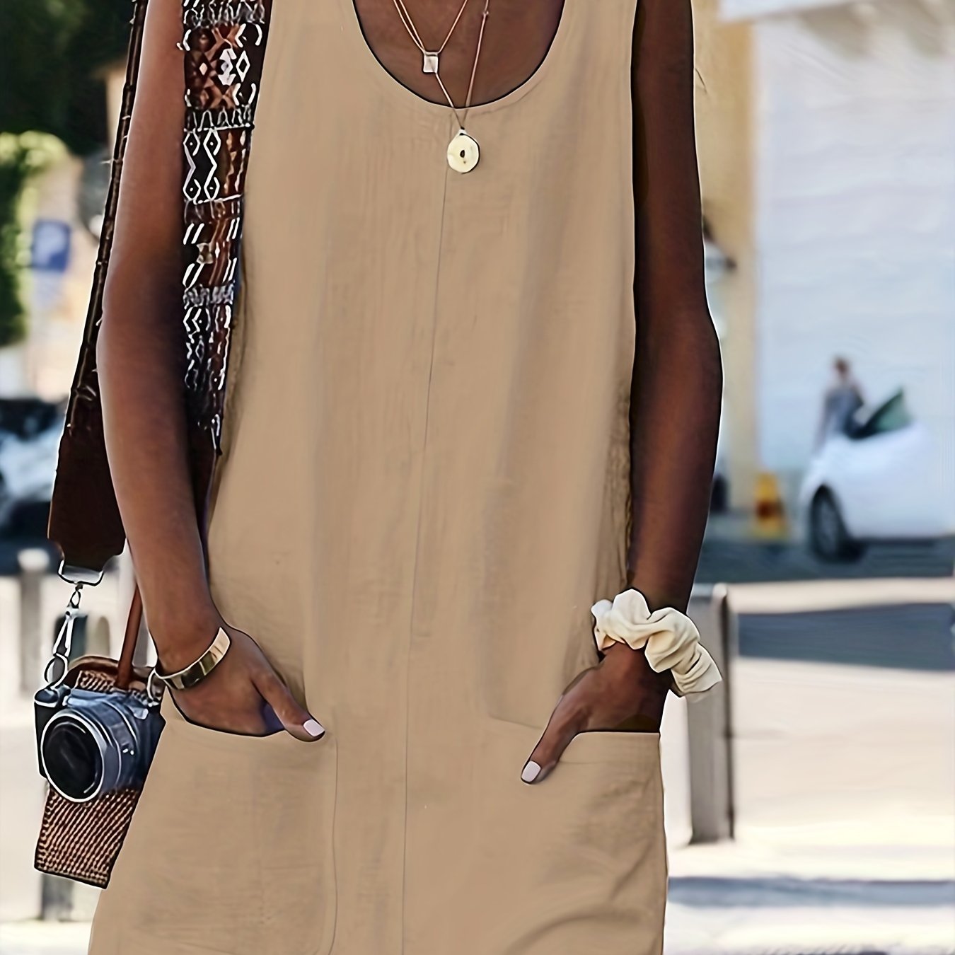 Solid Sleeveless Button Dress With Pockets Women's Clothing