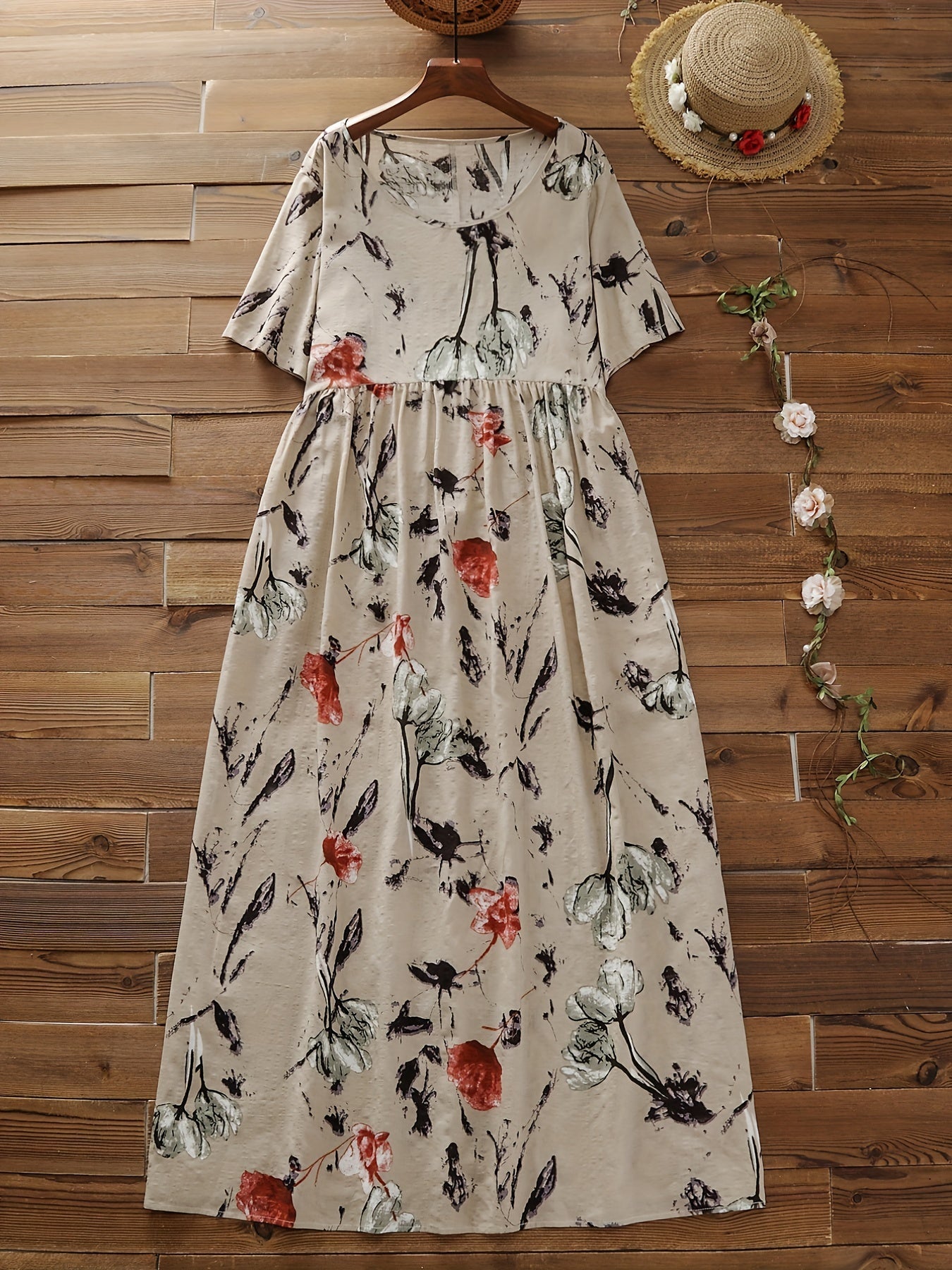 Casual Dress Women's Plus Floral Print Short Sleeve Round Neck Dress