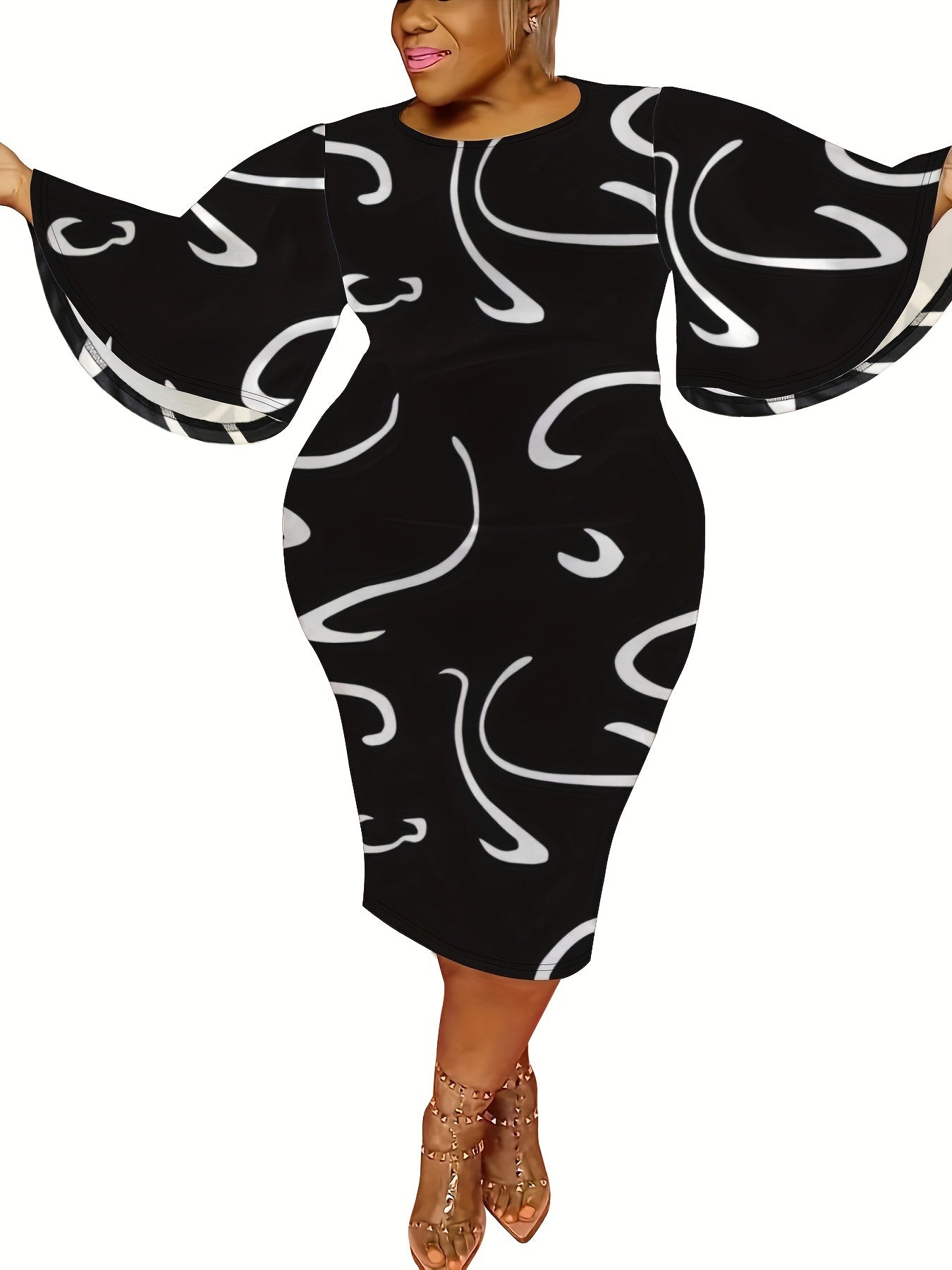 Graffiti Print Bell Sleeve Round Neck Dress