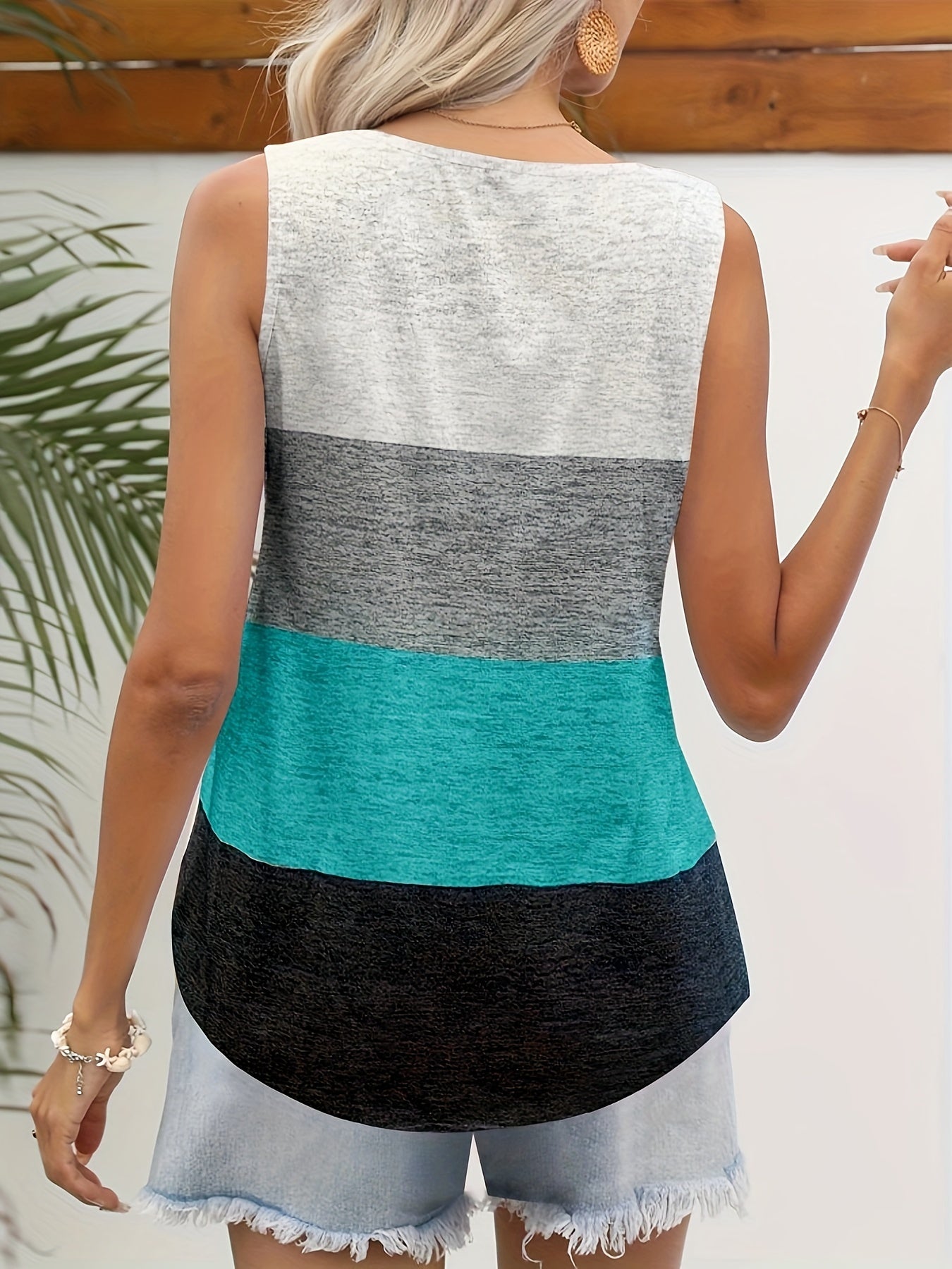 Striped Print Square Neck Tank Top Summer Sleeveless Casual Top