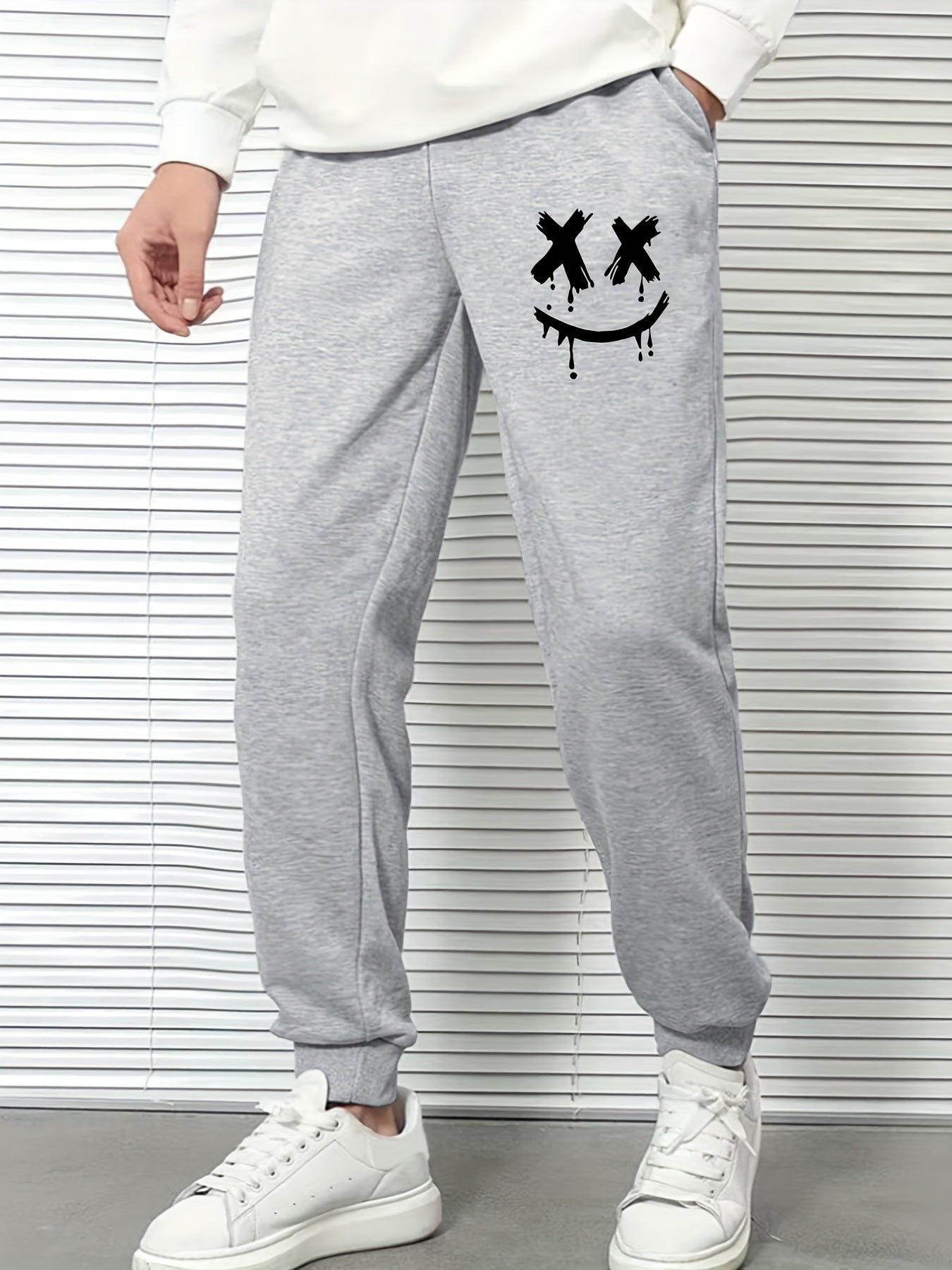 Smile Face Print Men's Sports Pants Casual Drawstring Jogging Trousers