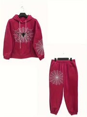 Women's Plus Spider & Spider Web Print Hooded Sweatshirt & Joggers Set