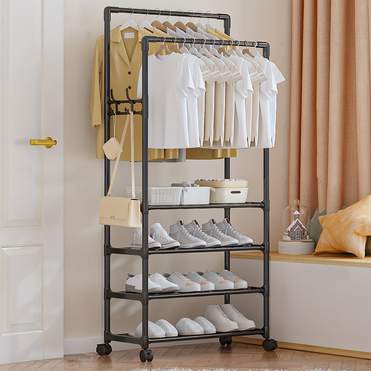 Double Pole Coat Rack With Layer Storage Removable With Pulley 4 Layer