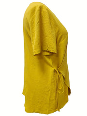 Solid Button Short Sleeve V Neck Wrap Top