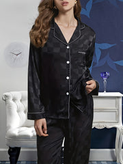 Plaid Satin Pajama Set Long Sleeve Top & Pants Women's Sleepwear