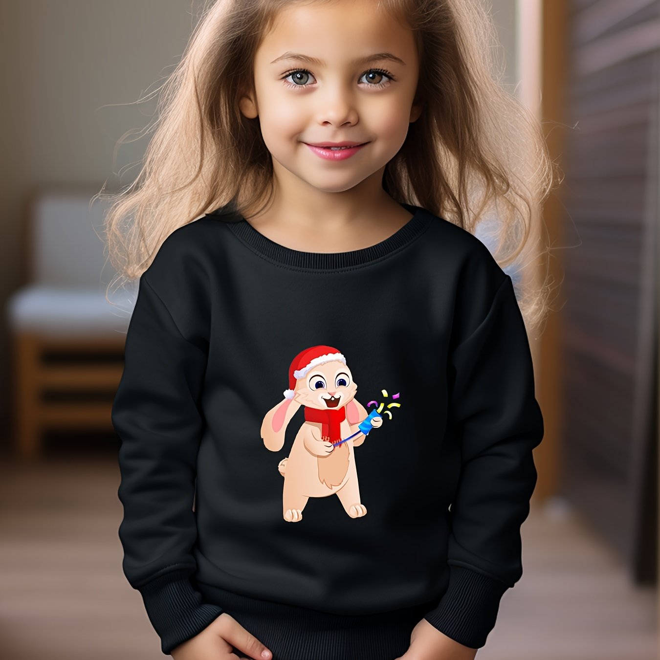 Christmas Bunny Print Girls Casual Pullover Sweatshirt