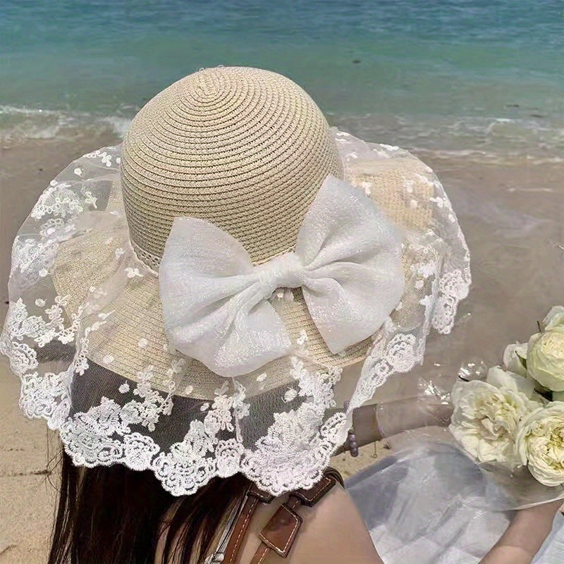 French Style Sun Hat Lace Bowknot Wide Brim Straw Hat Classic UV Protection