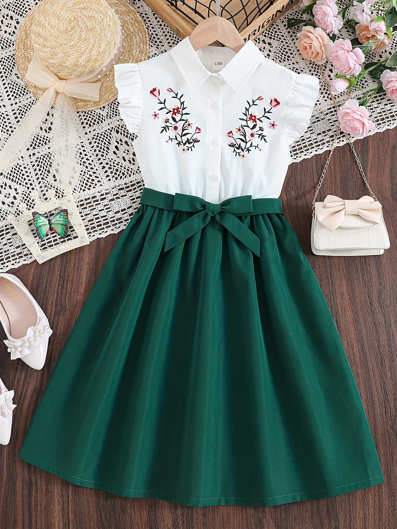 Girls Floral Embroidery Ruffle Trim Button Shirt Dress