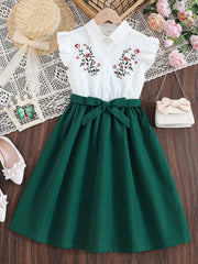 Girls Floral Embroidery Ruffle Trim Button Shirt Dress