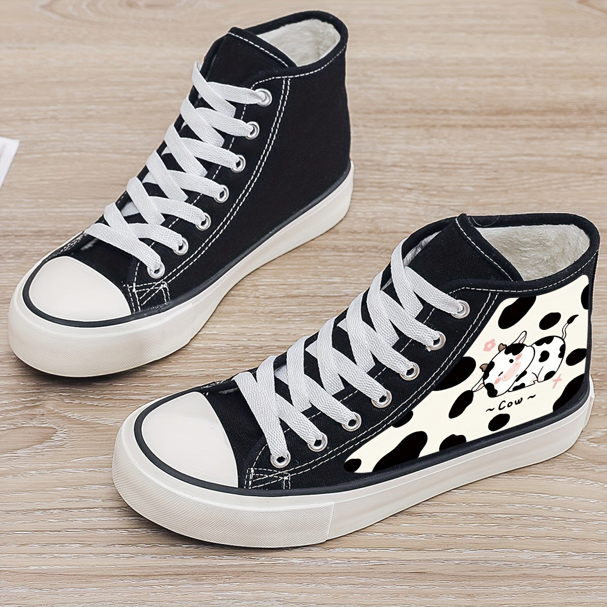 Cow Print Plush Lined Chunky Canvas Sneakers
