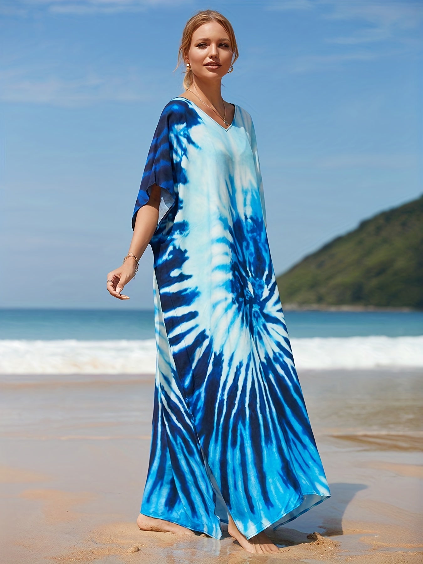 Boho Cover Up Dress Women's Plus Tie Dye V Neck Cover Up Dress