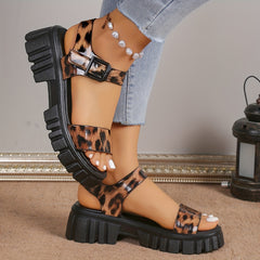 Leopard Pattern Faux Leather Sandals Thick Sole Lightweight Non Slip Beach Shoes