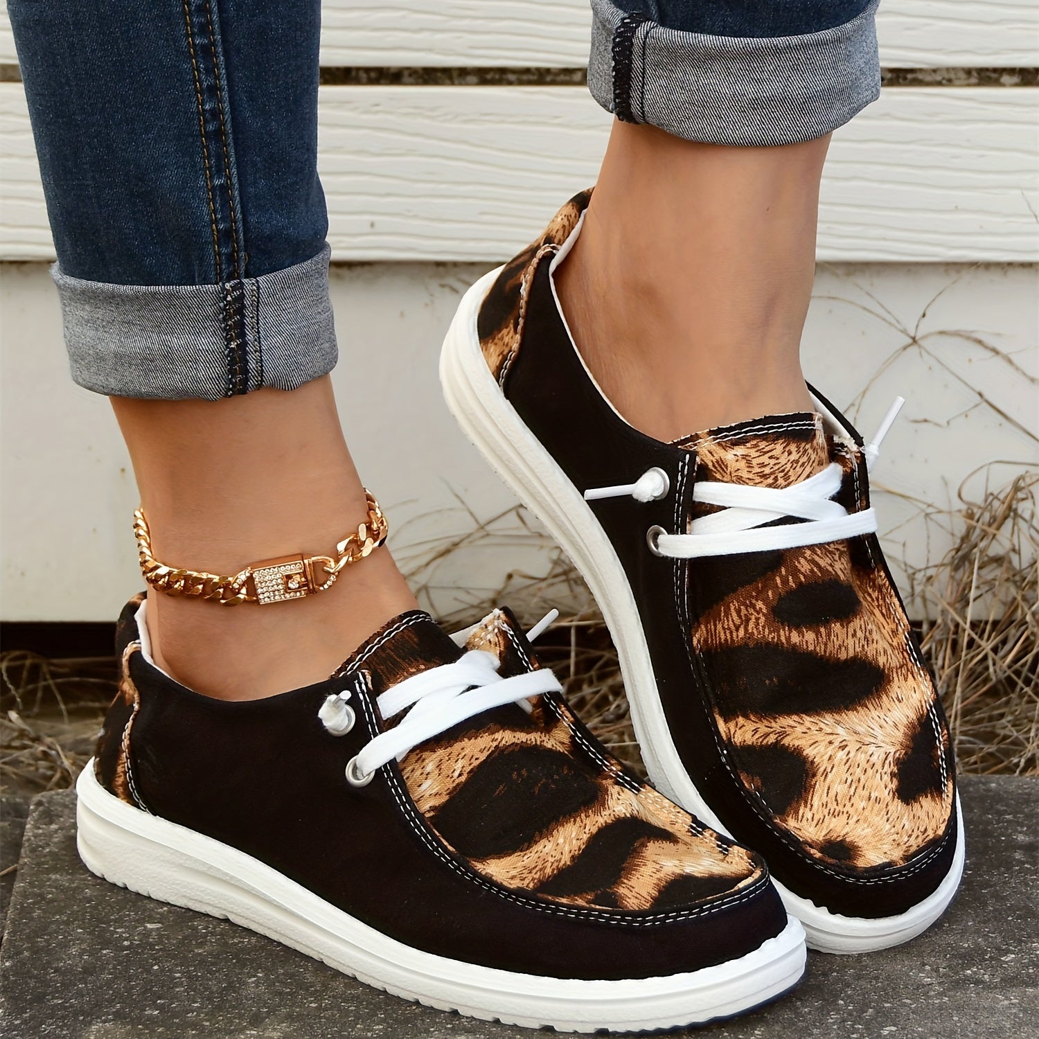 Leopard Print Boat Shoes Lace Up Low Top Casual Walking Shoes