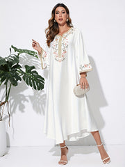 Floral Embroidered Abaya Dress Long Sleeves V Neck Maxi