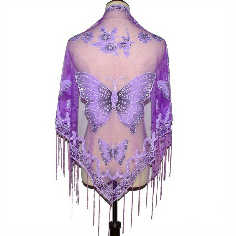 Lace Butterfly Print Shawl Long Fringed Triangle Towel for Women