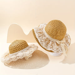 2pcs Family Sun Hat Lace Wide Brim Straw Hat Foldable Travel Beach Hats