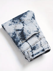 Tie Dye Slim Fit Ripped Jeans Men Casual Street Mid Denim Pants