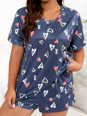 Heart Print Short Sleeve Pajamas Set