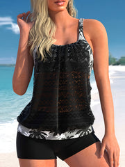 Vacay Tankini Set Plus Size Eyelet Embroidered Floral Print Cami Top & Shorts