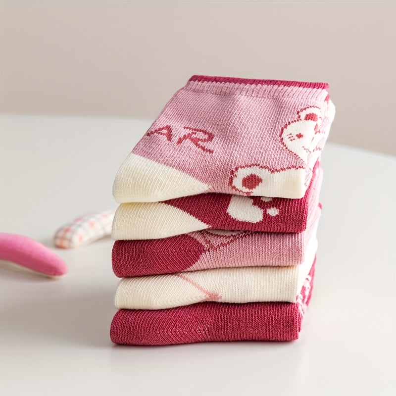 Girls Pink Bear Pattern Princess Socks, Set of 5