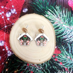 Snowman House Earrings Long Costume Jewelry Holiday Party Accessories