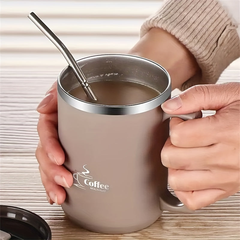 480ml Stainless Steel Water Cup with Straw and Handle, Leakproof Coffee Mug