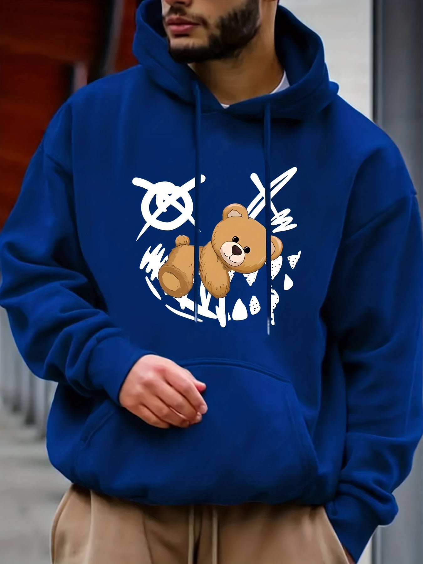 Teddy Bear Print Hoodie Men's Casual Graphic Pullover Hooded Sweatshirt