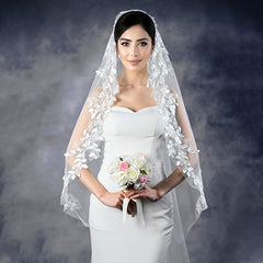 Long Bridal Veil with Leaf & Floral Lace Detailing