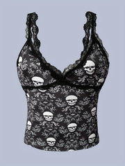 Skull Pattern Cami Top Lace V Neck Sleeveless Women's Lingerie