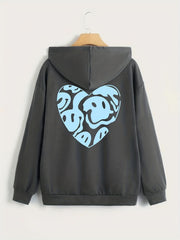 Heart Print Zip Up Hoodie Casual Long Sleeve Drawstring Hoodies Sweatshirt