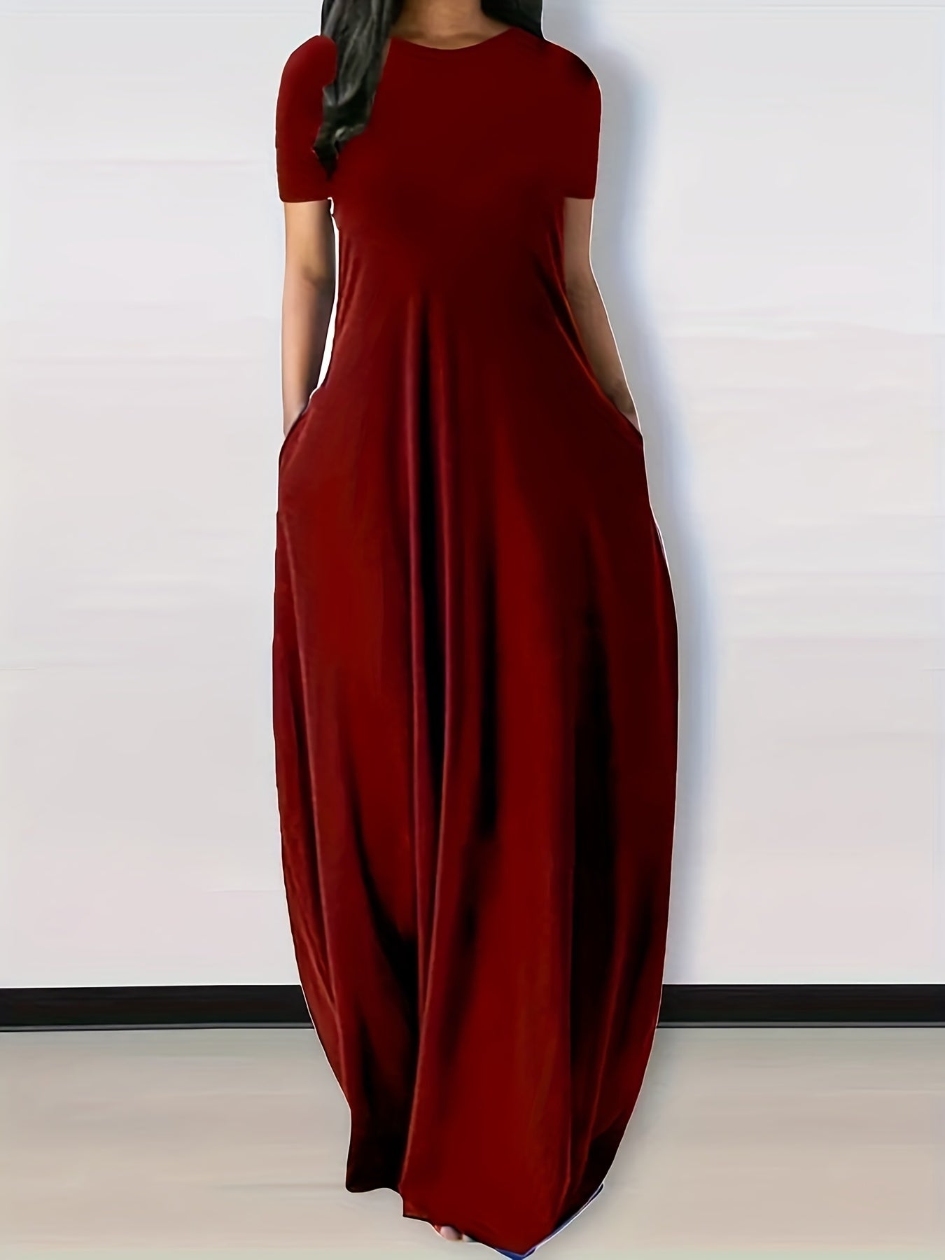 Solid Round Neck Loose Maxi Dress With Pocket Women's Plus