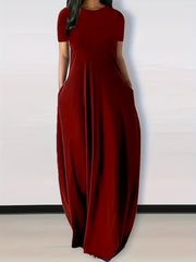 Solid Round Neck Loose Maxi Dress With Pocket Women's Plus