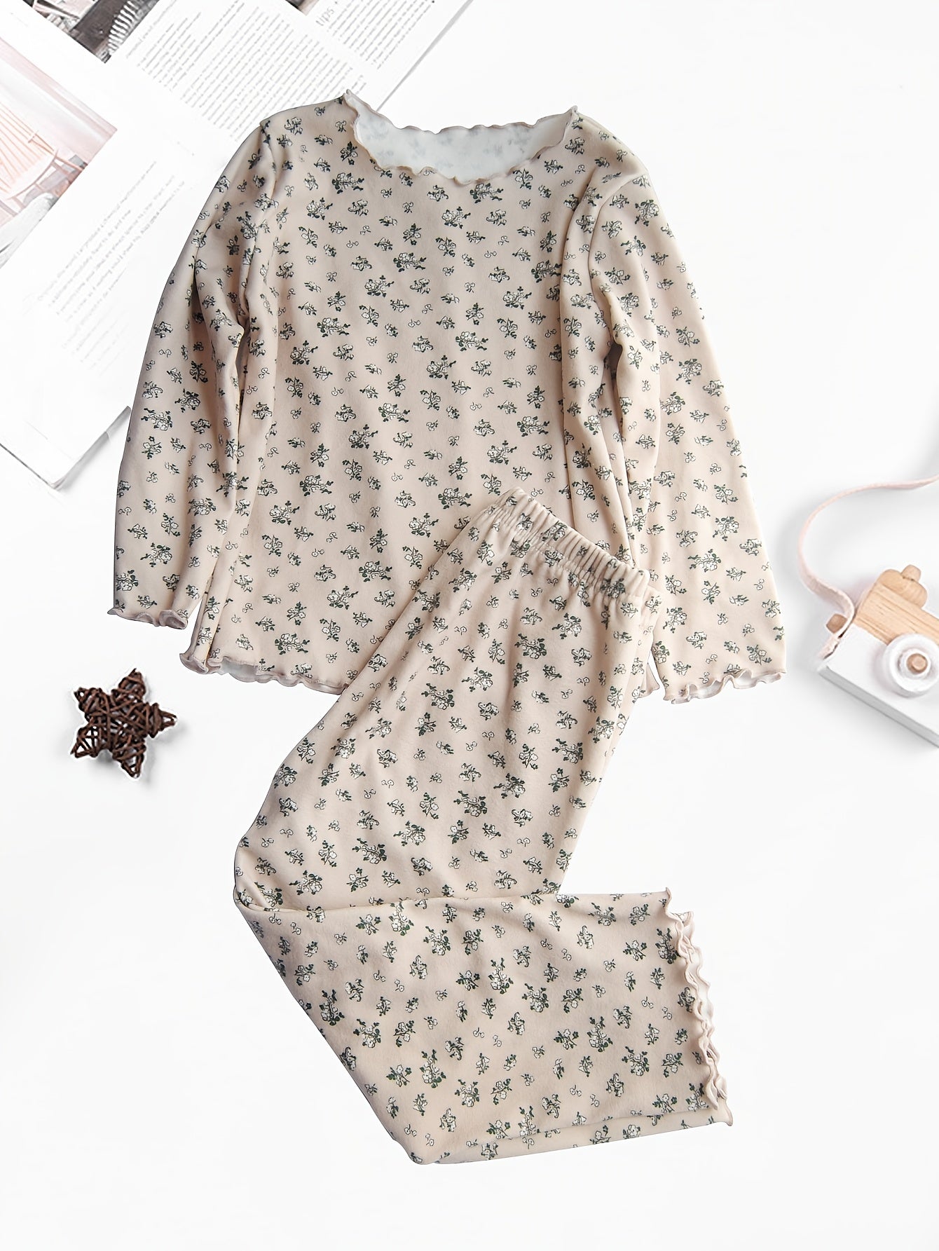 2pcs Floral Pajama Set Long Sleeve Top & Pants Cozy PJ Girl's Loungewear