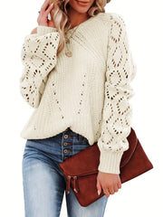 Casual Sweater Women's Eyelet Embroidered Lantern Sleeve