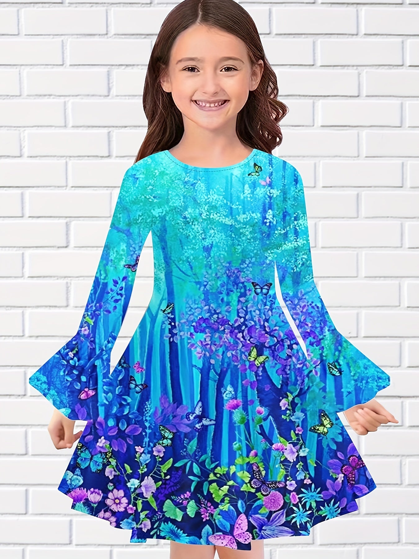 Rainbow Flare Sleeve Dress Girls Comfy Kids Clothes
