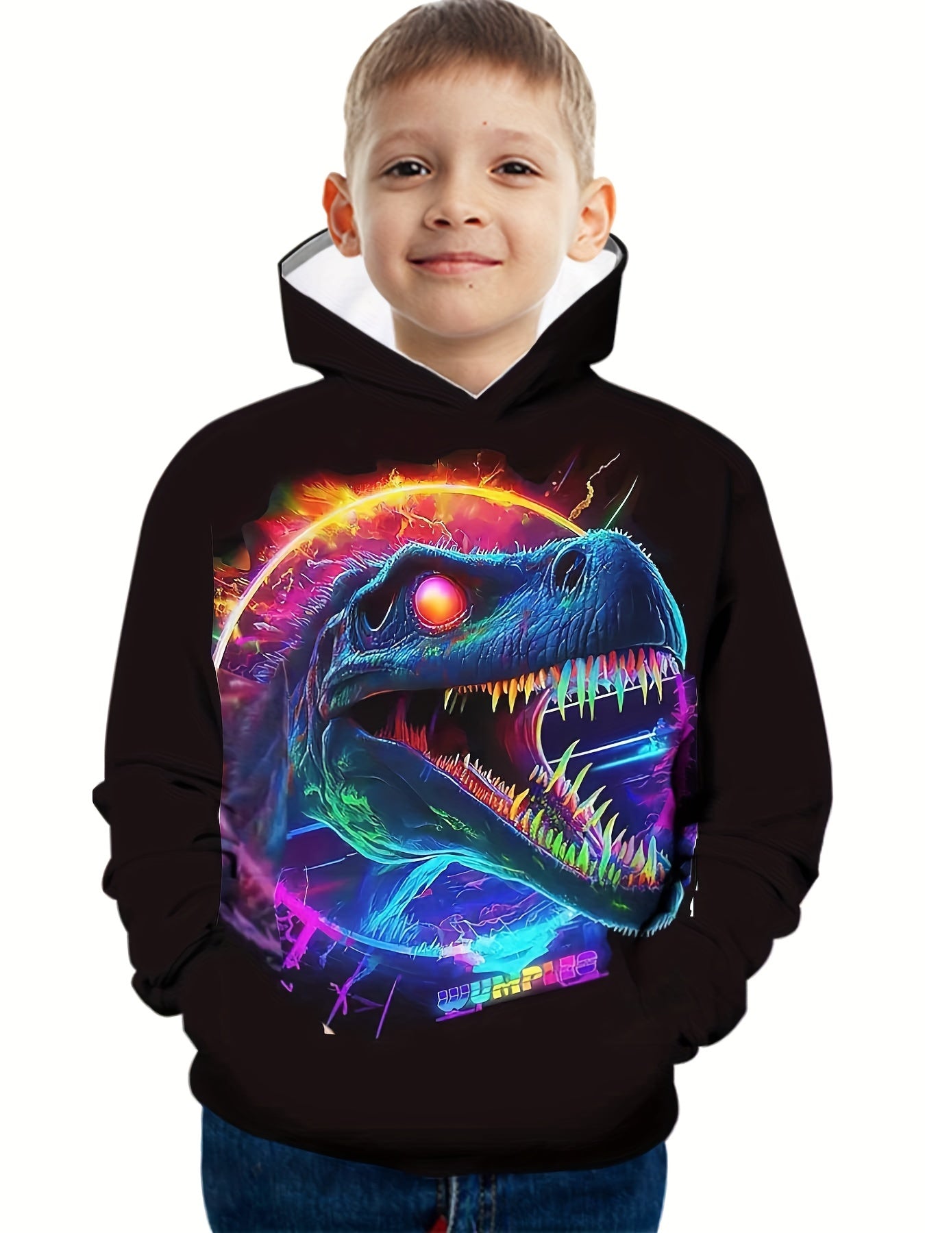 Dino Print Boys Casual Pullover Hoodie For Spring Fall