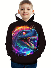 Dino Print Boys Casual Pullover Hoodie For Spring Fall