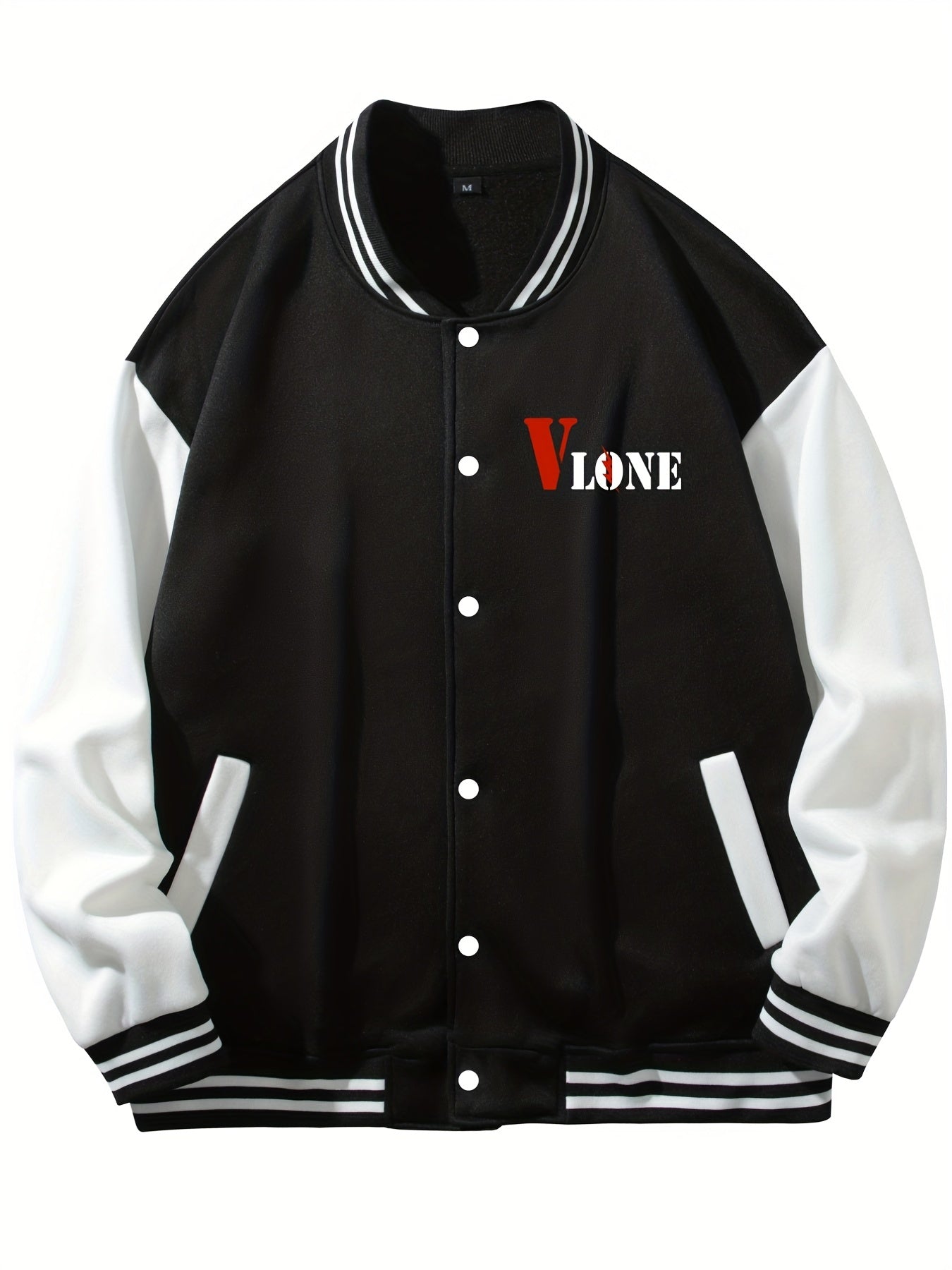 V Letter Print Bear With A Broken Heart Graphic Baseball Jacket