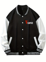 V Letter Print Bear With A Broken Heart Graphic Baseball Jacket