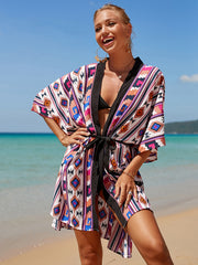 Geometric Print Cover Up Shirt Loose Fit V Neck Split Beachwear Kimono