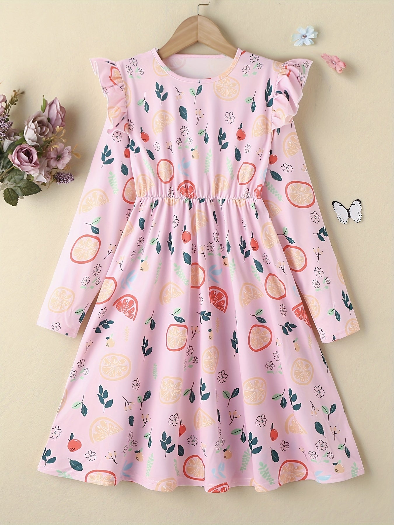 Girls Butterfly Print Ruffle Princess Dress Long Sleeve Holiday Party Outfit