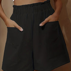 Patched Pockets Ruffle Trim Shorts Solid Casual Wear