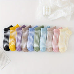 Set of 10 Striped Print Low Cut Ankle Socks Women's Stockings & Hosiery