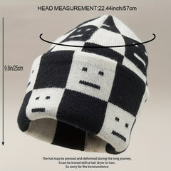 Checkerboard Smiling Beanie Jacquard Wool Knit Hat Unisex Couple Skull Cap