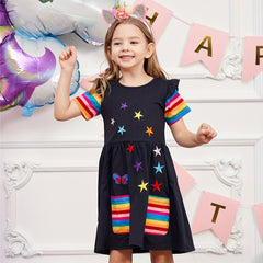 Girls Short Sleeves Ruffles Star Butterfly Embroidery Rainbow Dress